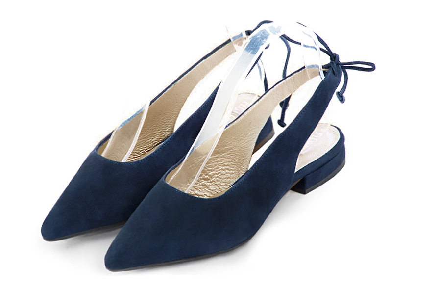 Navy blue women's slingback shoes. Pointed toe. Flat flare heels. Front view - Florence KOOIJMAN